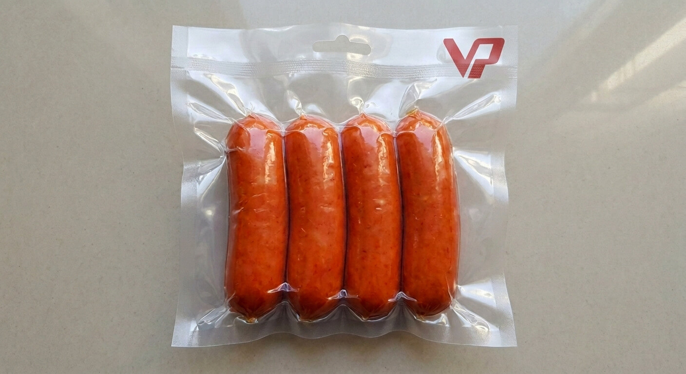 Cận cảnh bốn cây lạp xưởng đỏ hồng được đóng gói hút chân không trong túi nhựa dẻo trong suốt