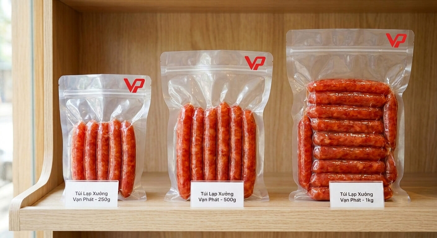 Ba mẫu túi lạp xưởng Vạn Phát hút chân không loại 250g 500g và 1kg trưng bày trên kệ gỗ