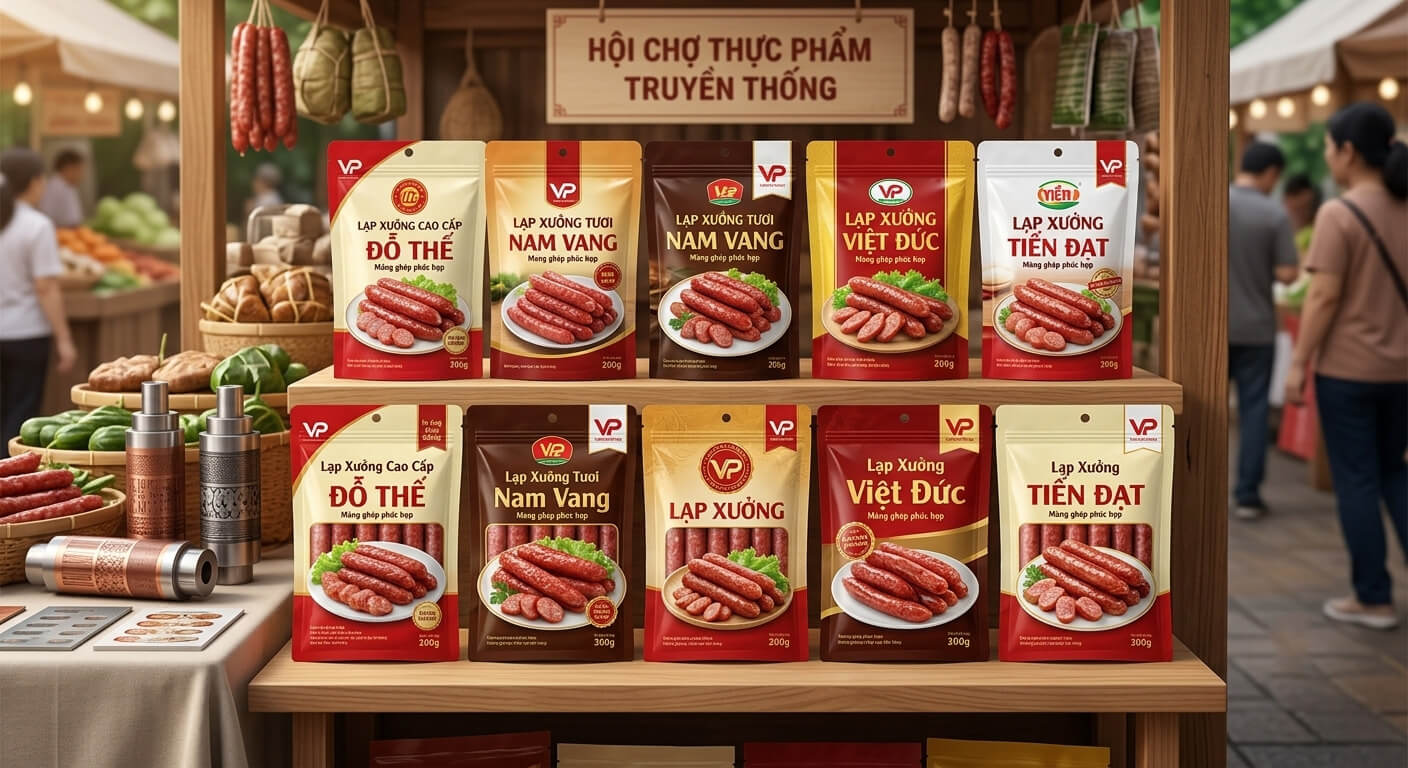 Trưng bày các dòng sản phẩm bao bì lạp xưởng cao cấp tại quầy hàng hội chợ thực phẩm truyền thống