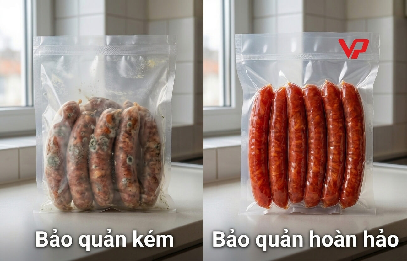 So sánh túi lạp xưởng bị mốc do bảo quản kém và túi lạp xưởng tươi ngon do bảo quản hoàn hảo