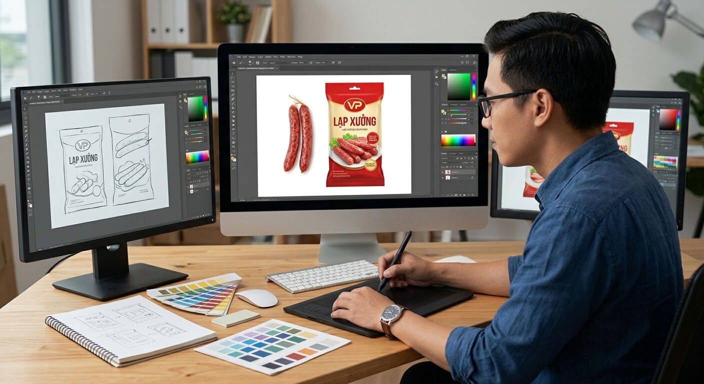Nhân viên thiết kế đang chỉnh sửa mockup bao bì túi lạp xưởng trên máy tính bằng bảng vẽ điện tử