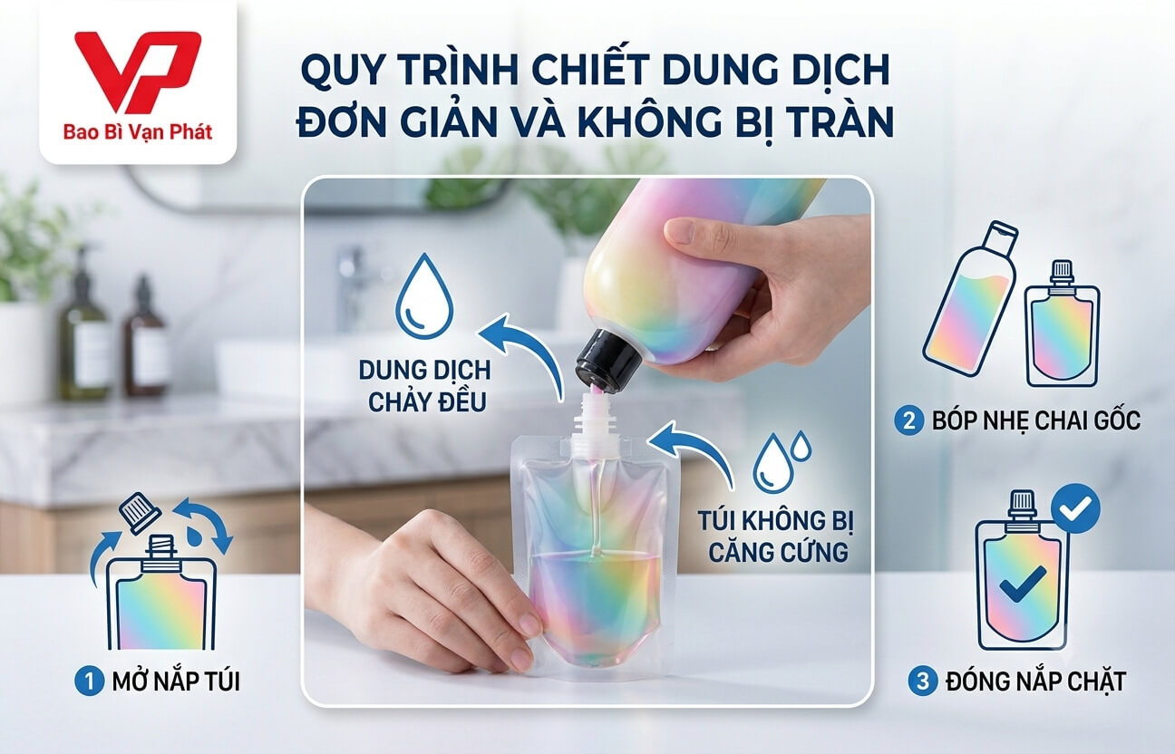 Hướng dẫn chi tiết quy trình chiết dung dịch mỹ phẩm vào túi có vòi dễ dàng, không tràn