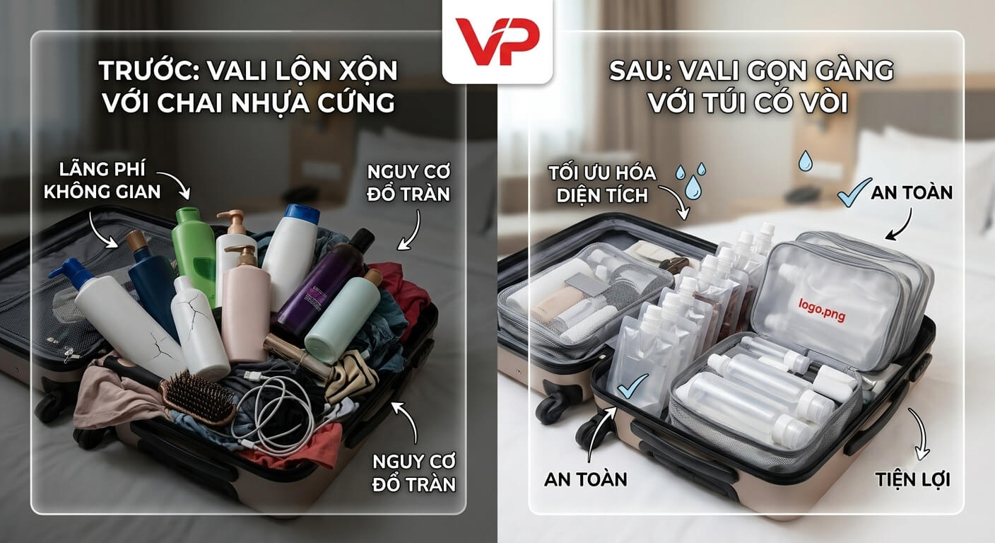 So sánh vali ngăn nắp khi dùng túi chiết mỹ phẩm thay vì chai nhựa cứng cồng kềnh