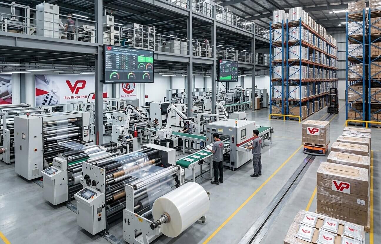 Hệ thống dây chuyền sản xuất hiện đại và kho hàng tại Bao bì Vạn Phát.