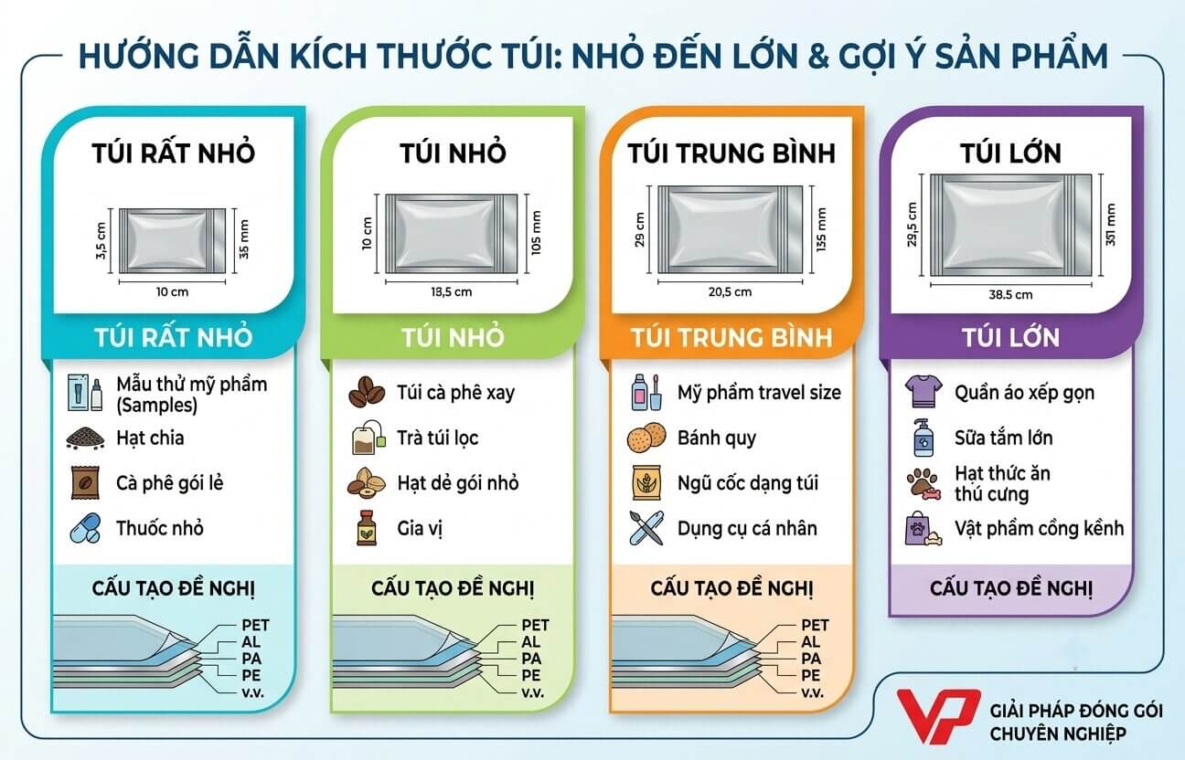 Bảng thông tin kích thước và cấu tạo các loại túi màng ghép từ nhỏ đến lớn.
