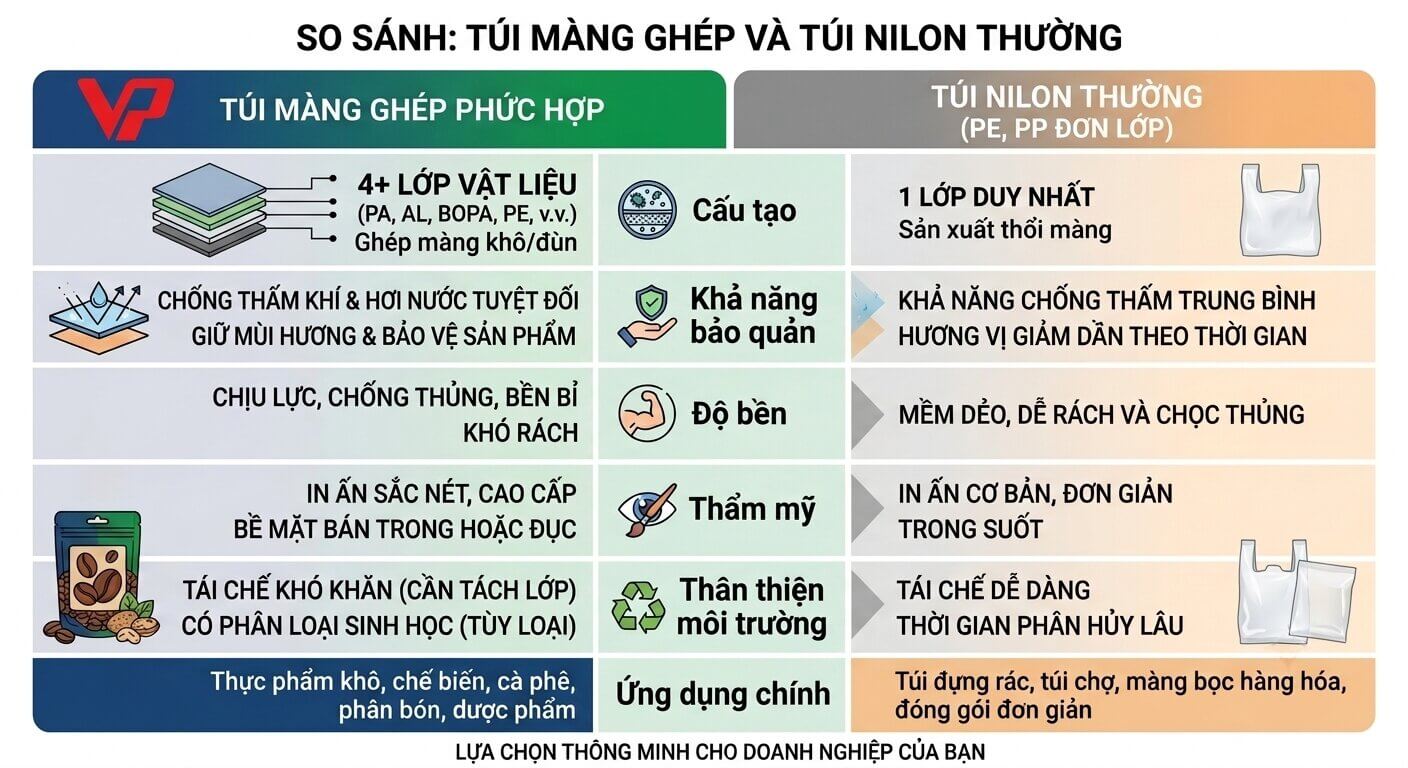 Bảng so sánh đặc điểm giữa túi màng ghép phức hợp và túi nilon thường.