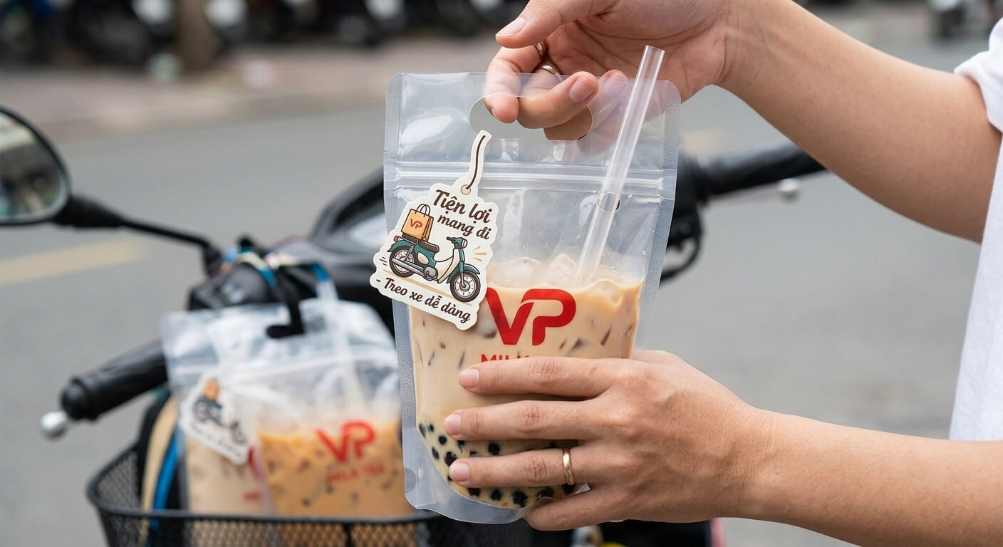 Túi zipper đựng đồ uống đáy đứng có quai xách take-away