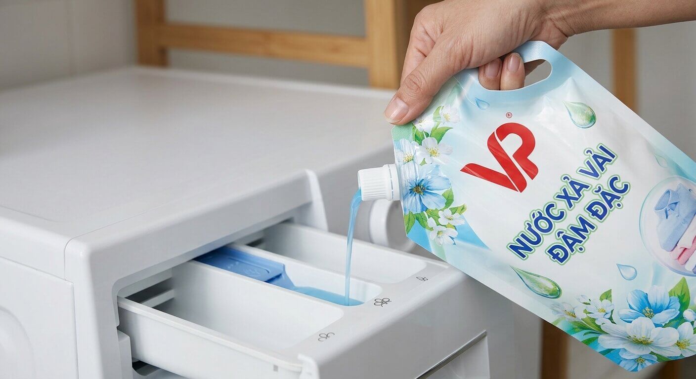 Thao tác đổ nước xả trực tiếp từ túi vào máy giặt