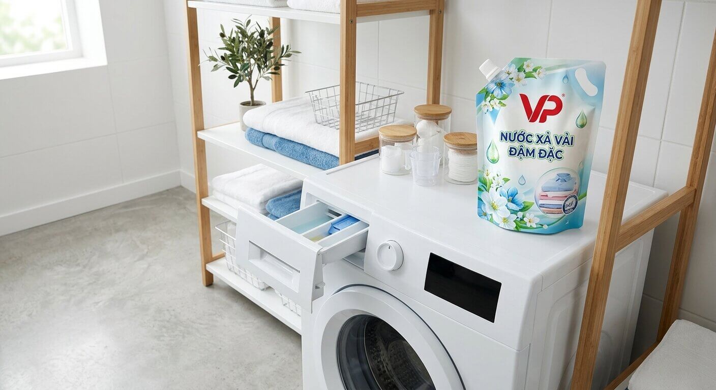 Túi nước xả vải VP để cạnh máy giặt cửa trước