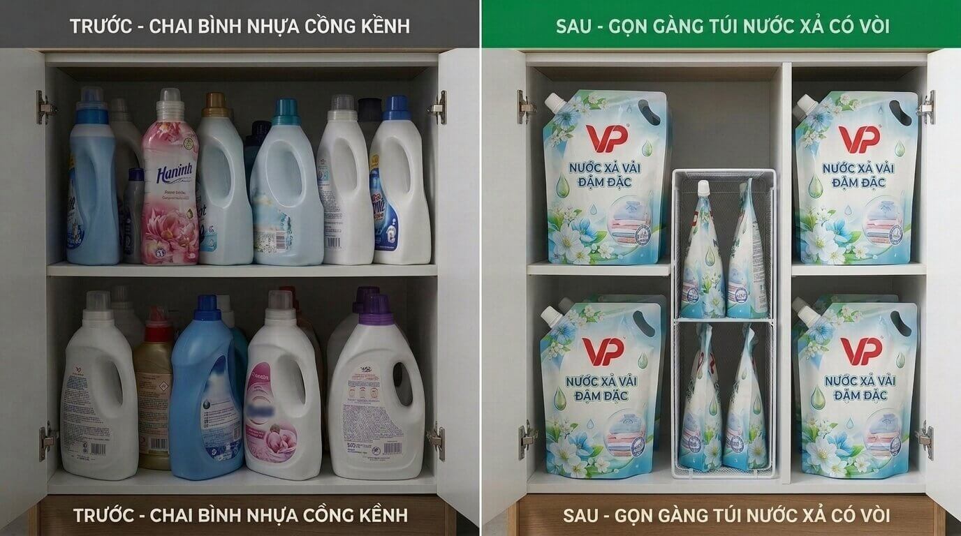 So sánh không gian tủ đựng nước xả trước và sau khi dùng túi VP