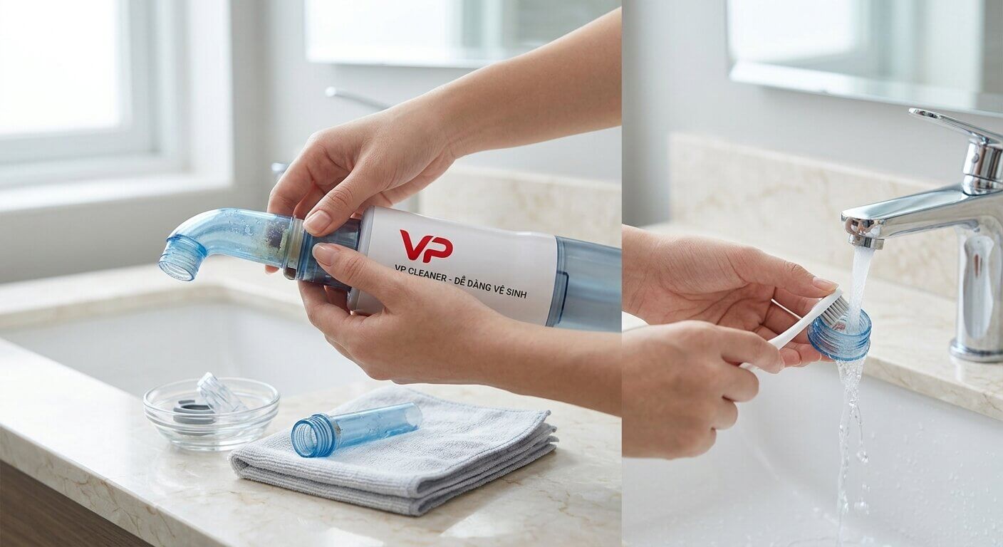 Thao tác vệ sinh vòi túi nước xả vải Vạn Phát