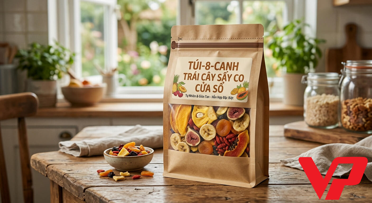 Túi 8 cạnh đựng trái cây sấy thiết kế có cửa sổ trong suốt
