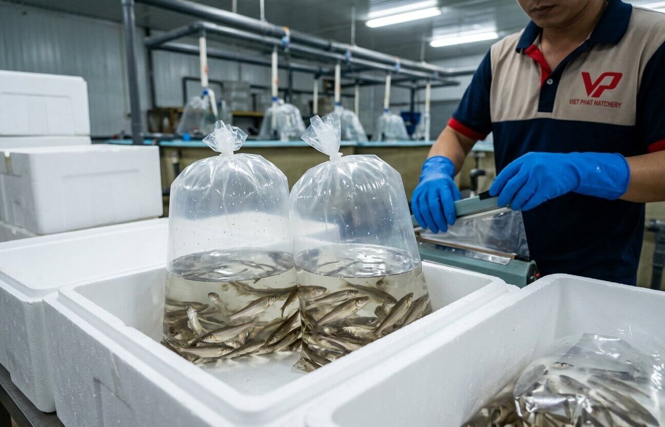 Một nhân viên trại giống đeo găng tay xanh đang kiểm tra sức khỏe của một túi cá giống trong suốt dưới ánh đèn pin.