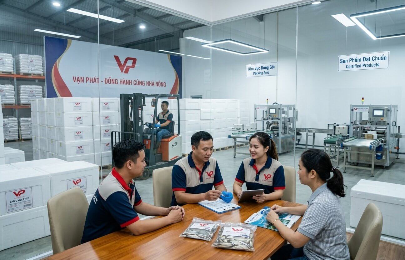 Một nhóm 4 người (nhân viên và khách hàng) đang ngồi xung quanh một bàn gỗ trong văn phòng trại giống hiện đại, thảo luận về các giải pháp vận chuyển thủy sản.