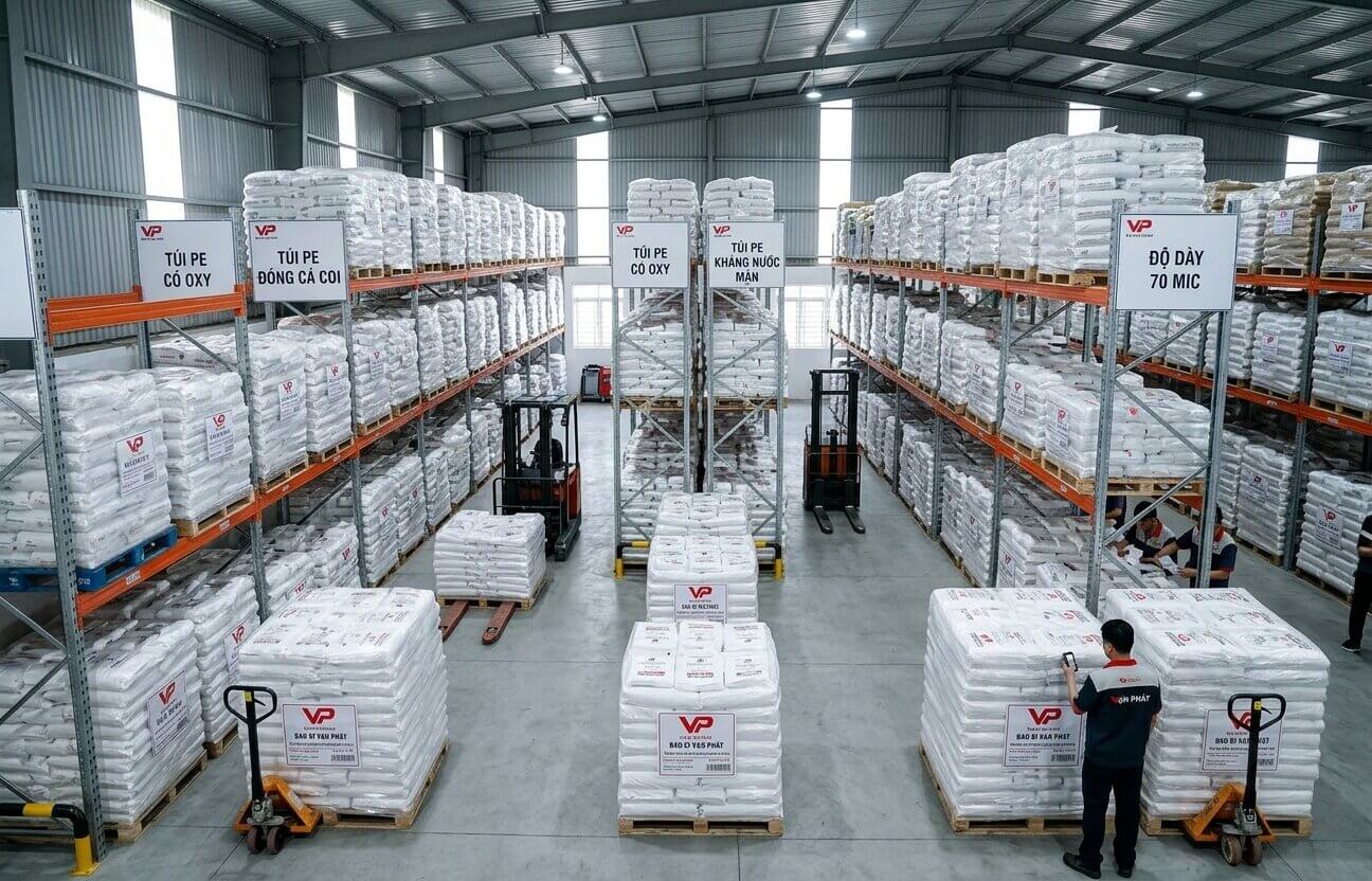Cảnh chụp toàn cảnh một kho hàng hiện đại, sạch sẽ với hàng trăm bao tải trắng xếp gọn gàng trên kệ sắt, có xe nâng và nhân viên đang làm việc.