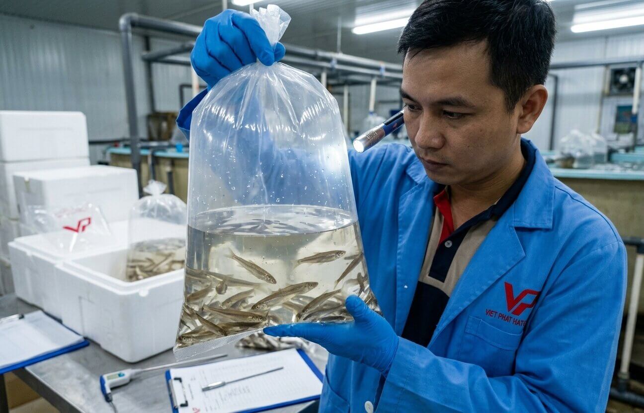 Một nhân viên trại giống đeo găng tay xanh đang kiểm tra sức khỏe của một túi cá giống trong suốt dưới ánh đèn pin.