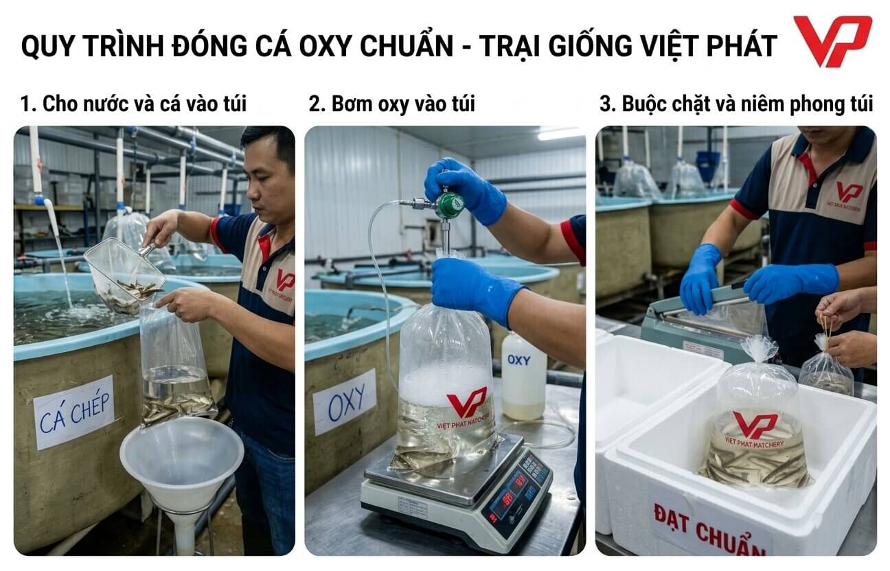 Một bảng hướng dẫn 3 bước bằng hình ảnh step-by-step: 1. Thêm cá/nước - 2. Bơm oxy - 3. Cột miệng túi/hàn nhiệt, được thực hiện bởi nhân viên đeo găng tay.