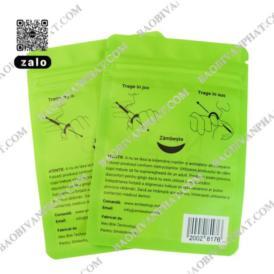 Mặt sau túi zipper 3 biên Neo Bite có hướng dẫn sử dụng