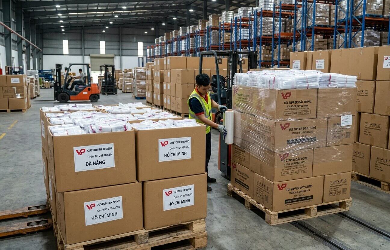 Hoạt động đóng gói pallet và xếp dỡ vận chuyển hàng tại kho Vạn Phát.