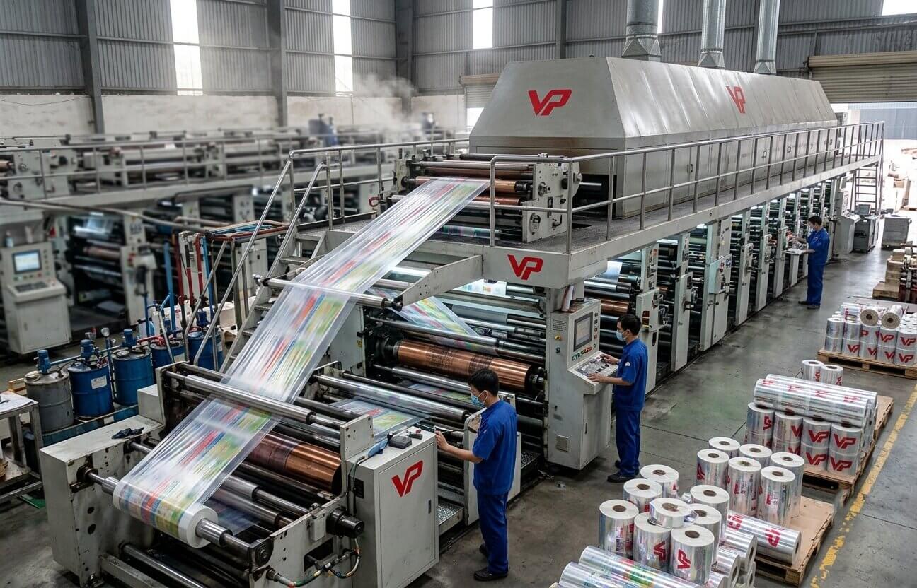 Máy in trục ống đồng công nghiệp công nghệ cao tại xưởng Bao Bì Vạn Phát.