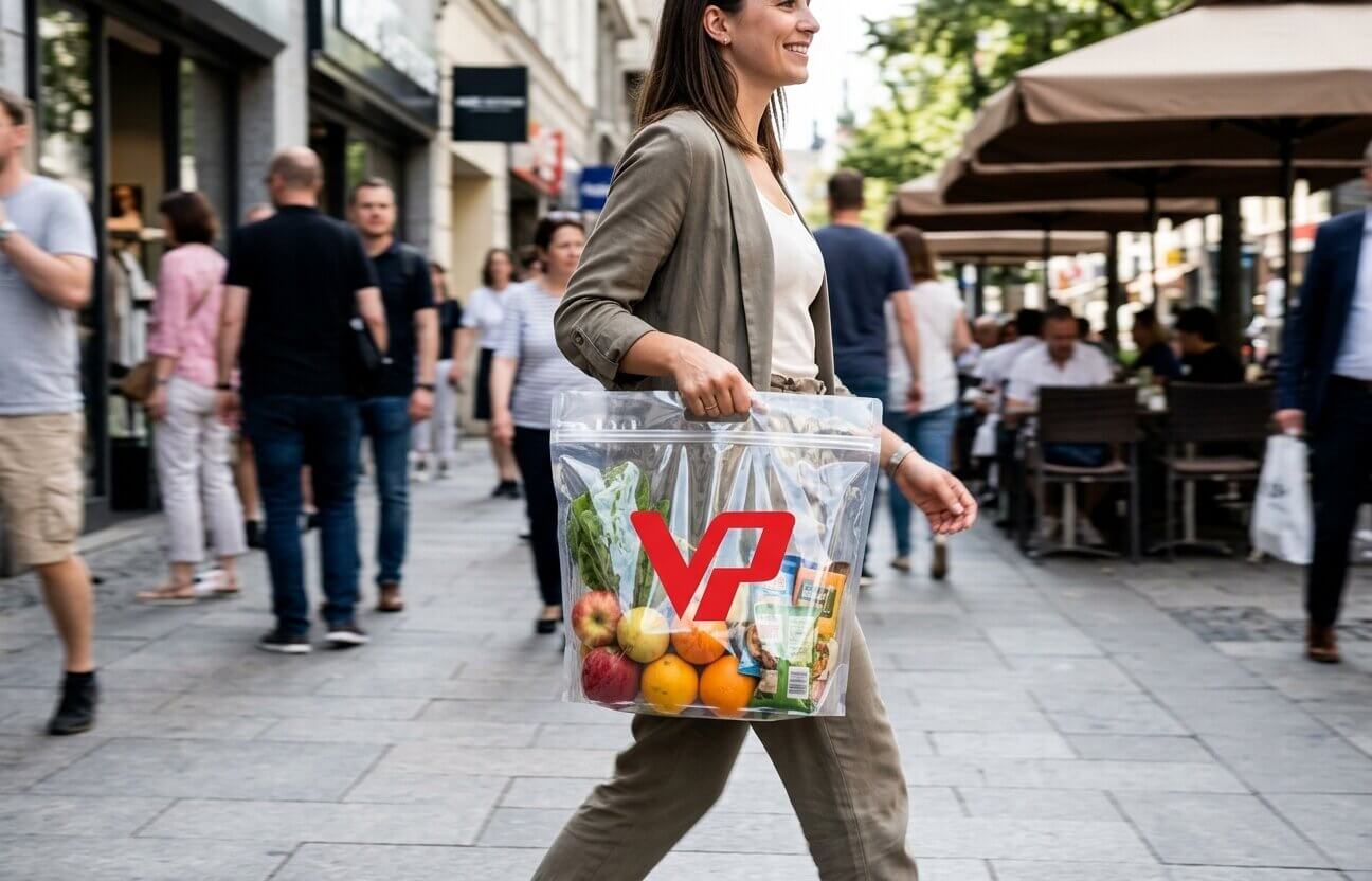 Khách hàng sử dụng túi zipper có quai xách tiện lợi đựng trái cây tươi.