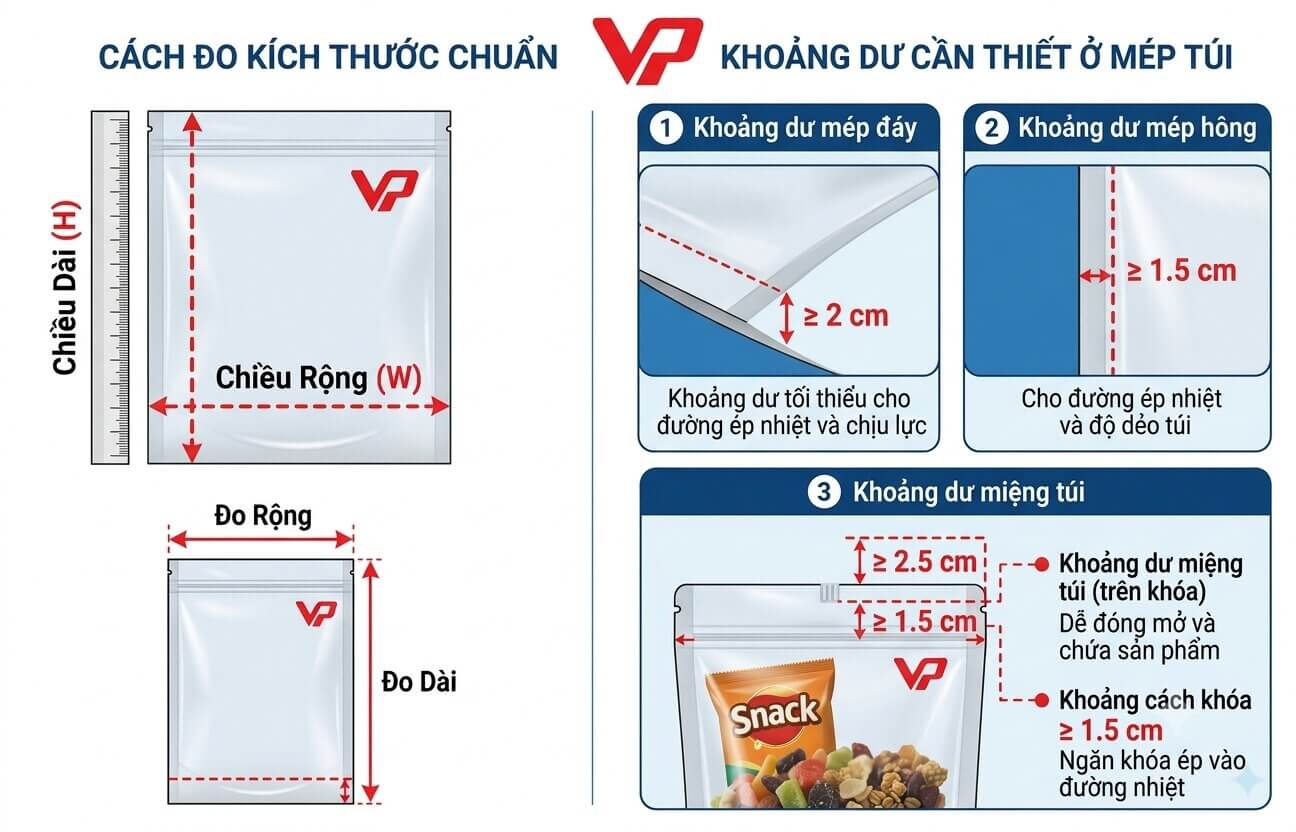 ơ đồ hướng dẫn đo kích thước tiêu chuẩn và các khoảng dư cần thiết khi đặt túi zipper.