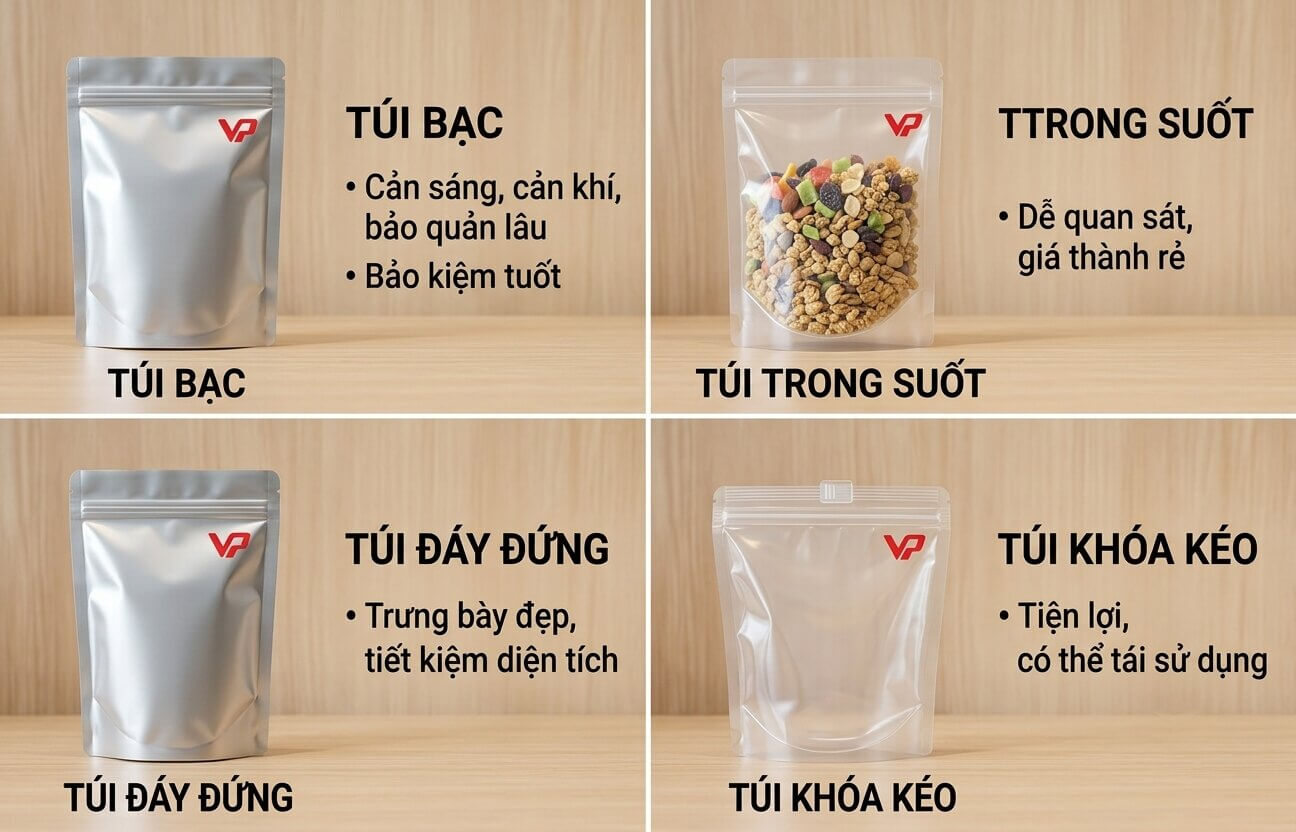 Bảng phân loại 4 loại túi zipper phổ biến của VP: Bạc, Trong suốt, Đáy đứng, Khóa kéo.