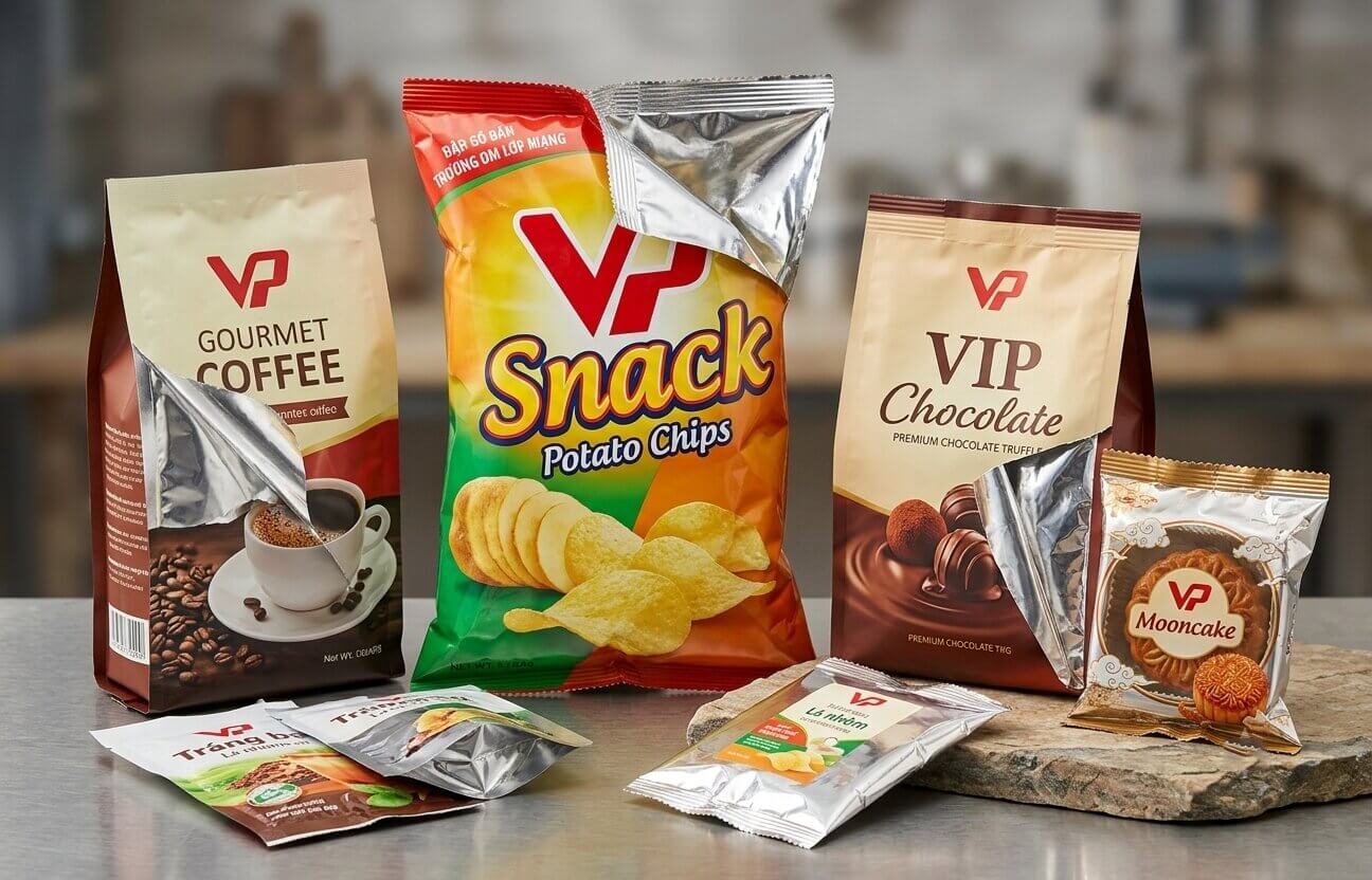 Mẫu mã các loại bao bì màng ghép phức hợp đựng túi cà phê, gói snack khoai tây chiên, túi socola và bánh trung thu