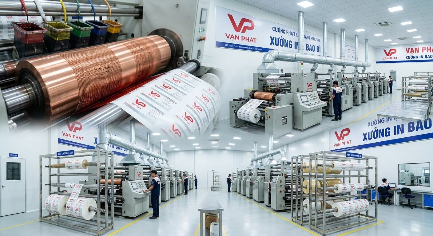 Cận cảnh trục in ống đồng và không gian xưởng sản xuất in ấn bao bì nhựa chuyên nghiệp, sạch sẽ, hiện đại của Bao bì Vạn Phát