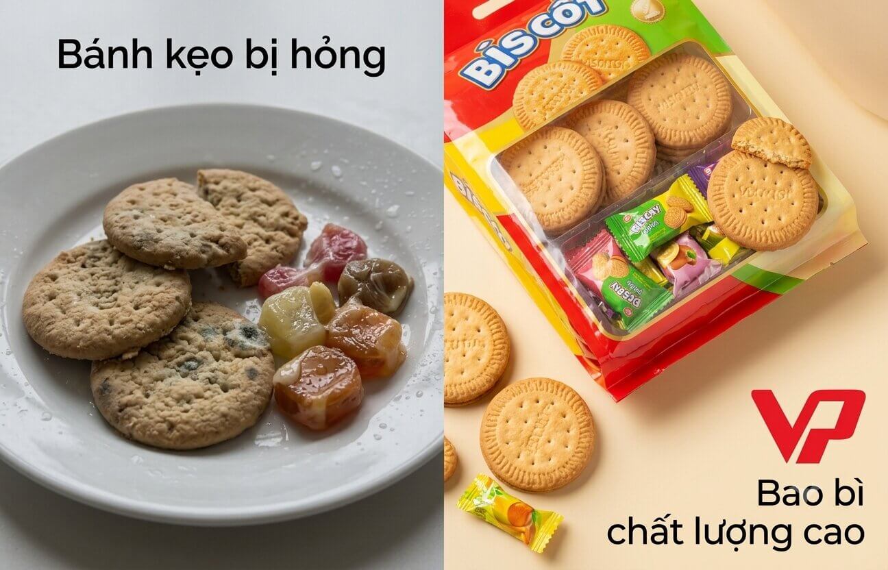 So sánh bánh kẹo bị ẩm mốc hư hỏng trên đĩa và bánh kẹo được bảo quản hoàn hảo trong bao bì chất lượng cao Vạn Phát