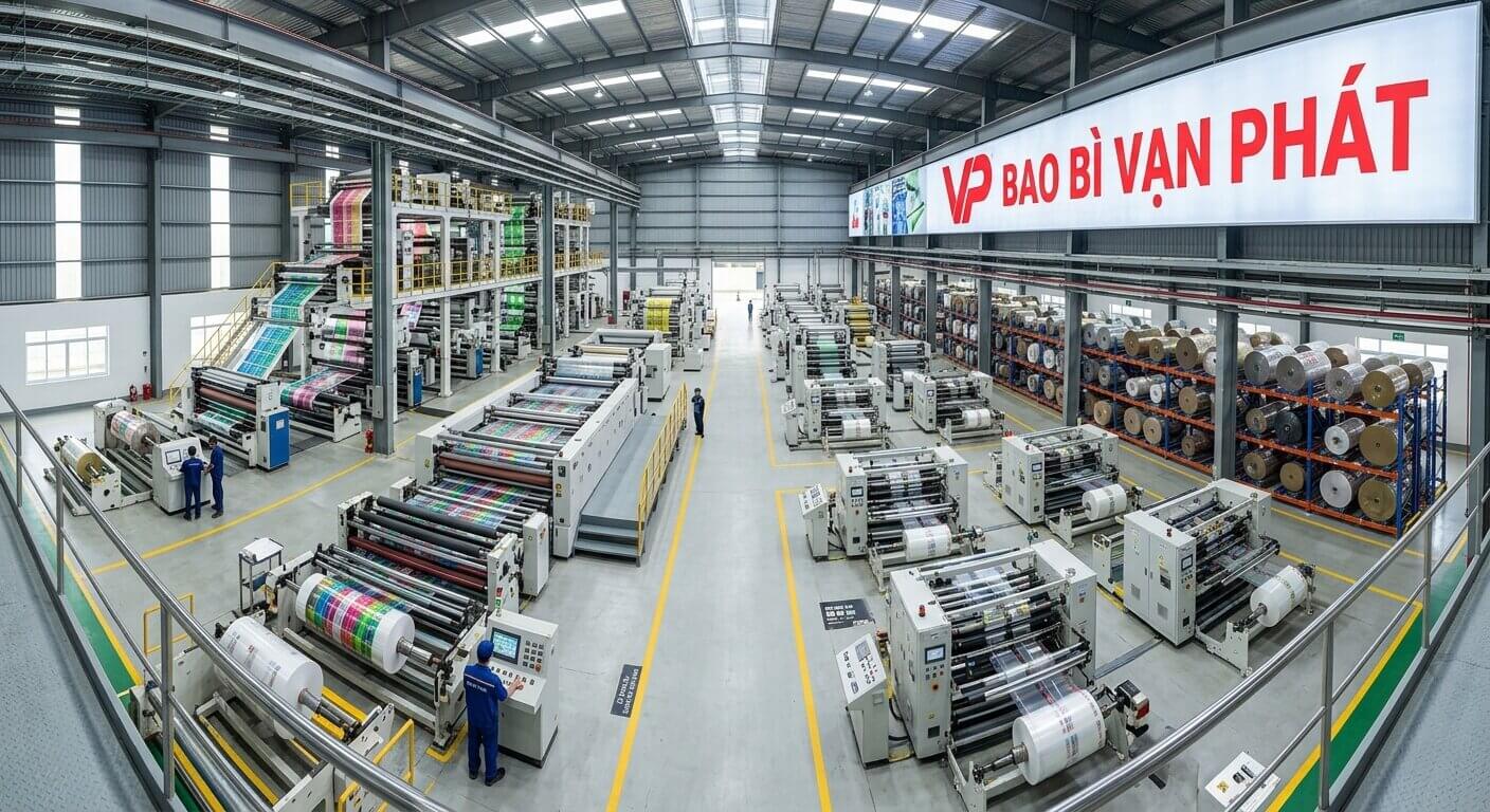 Toàn cảnh nhà xưởng sản xuất và dây chuyền in ấn bao bì hiện đại của Bao Bì Vạn Phát.