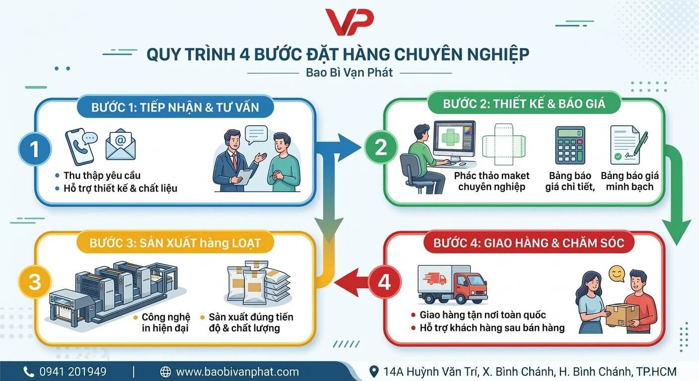 Infographic quy trình 4 bước đặt hàng thiết kế và in ấn bao bì tại Bao Bì Vạn Phát.