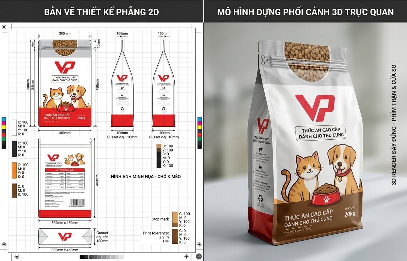 Bản vẽ thiết kế bao bì thú cưng 2D và mô hình phối cảnh 3D tại Bao Bì Vạn Phát.