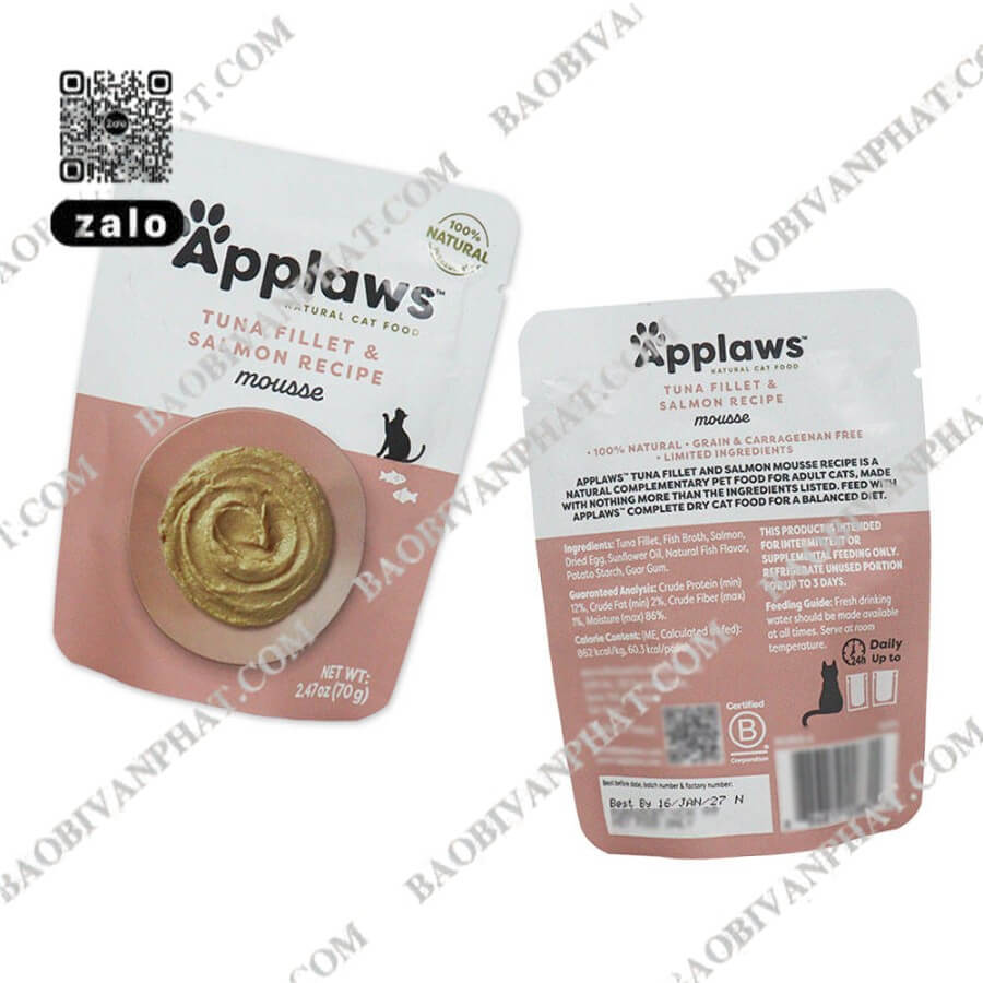 Túi đựng pate mèo Applaws mặt trước và mặt sau