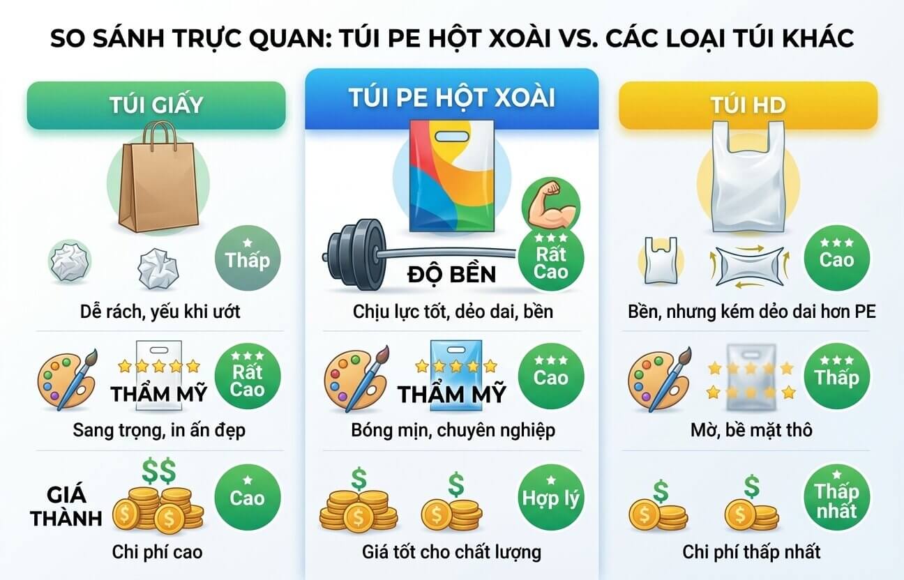 Bảng so sánh túi PE hột xoài, túi giấy và túi HD