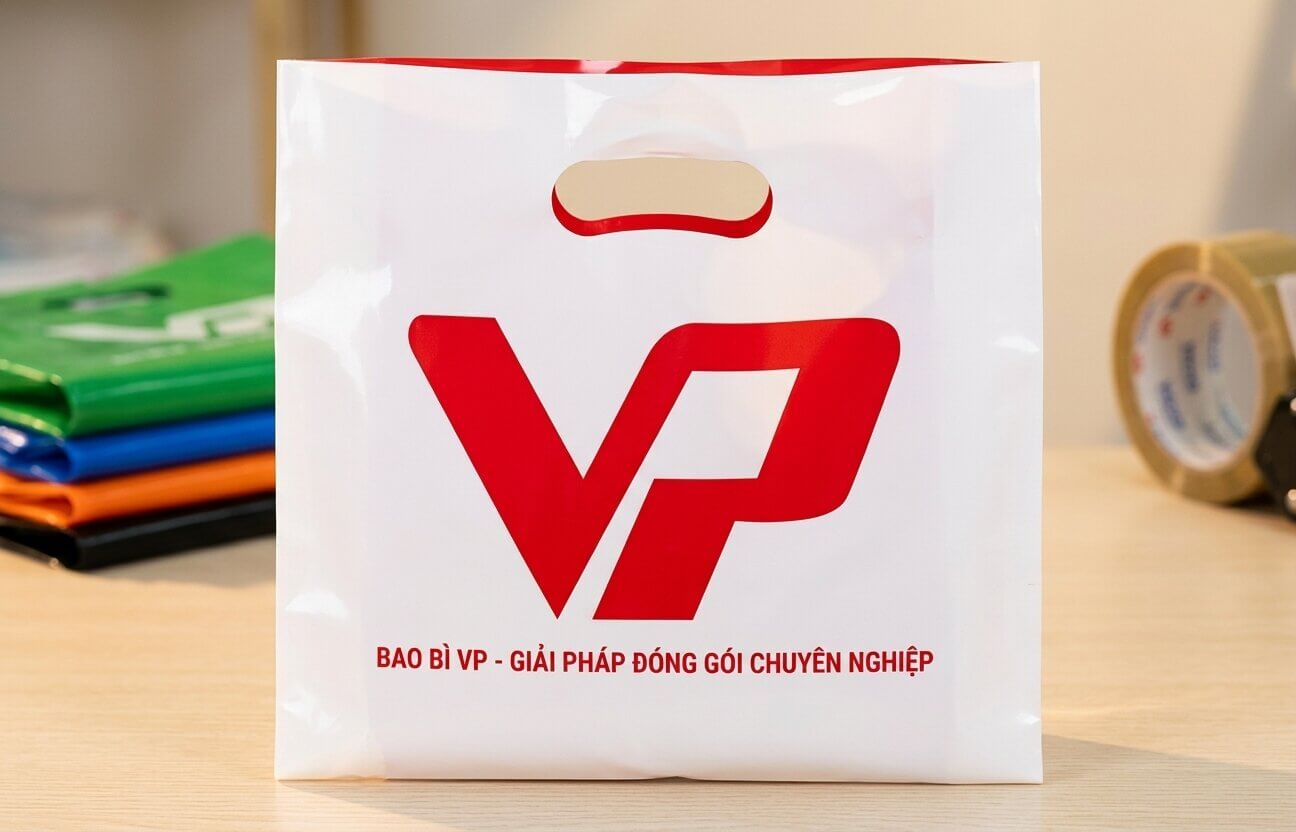 Cận cảnh túi PE hột xoài in logo thương hiệu sắc nét