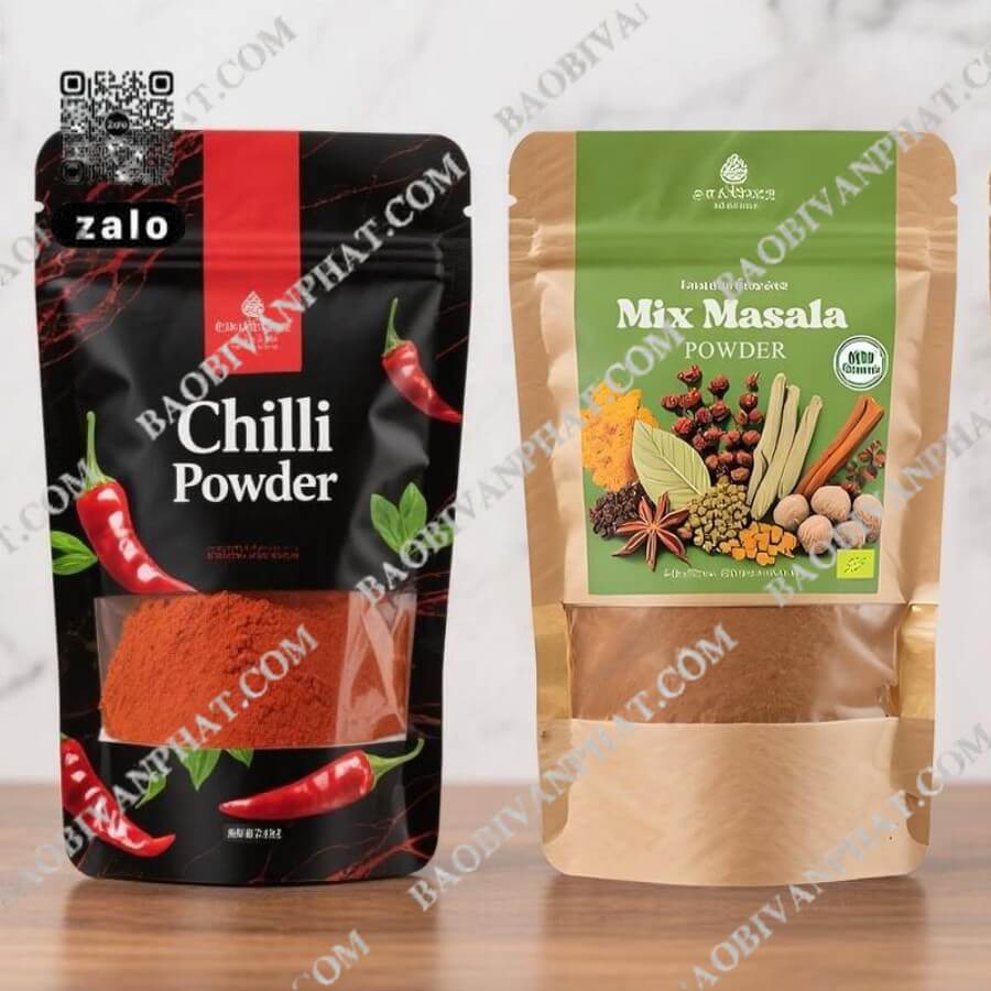 Bao bì gia vị dạng túi zipper đáy đứng đựng bột ớt và masala